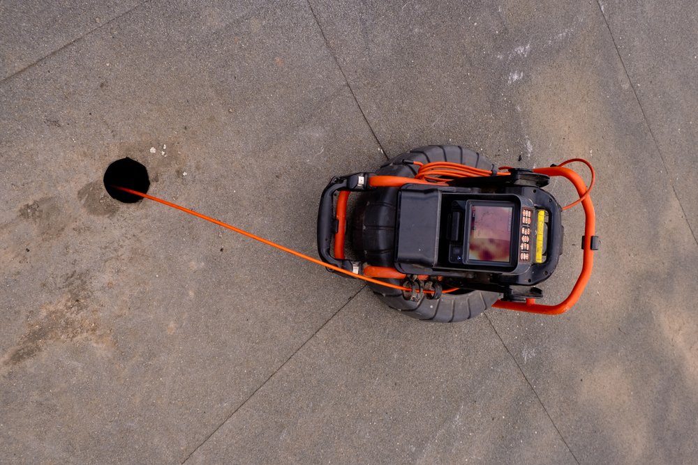 Technician inspecting pipe with sewer camera equipment underground