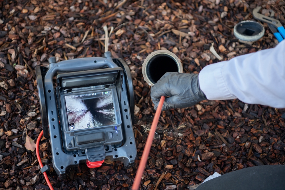 Technician inspecting sewer line with camera equipment