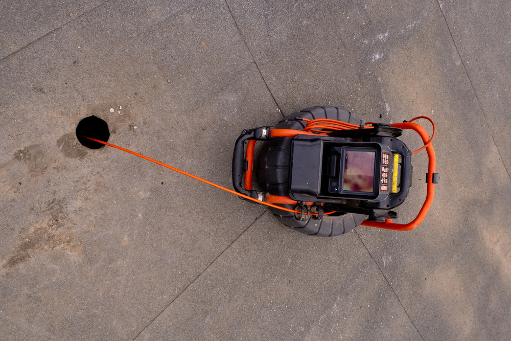 Technician inspecting pipe with sewer camera equipment underground