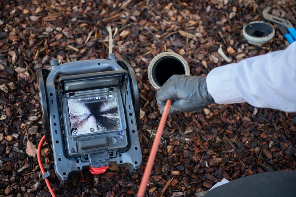 Technician inspecting sewer line with camera equipment